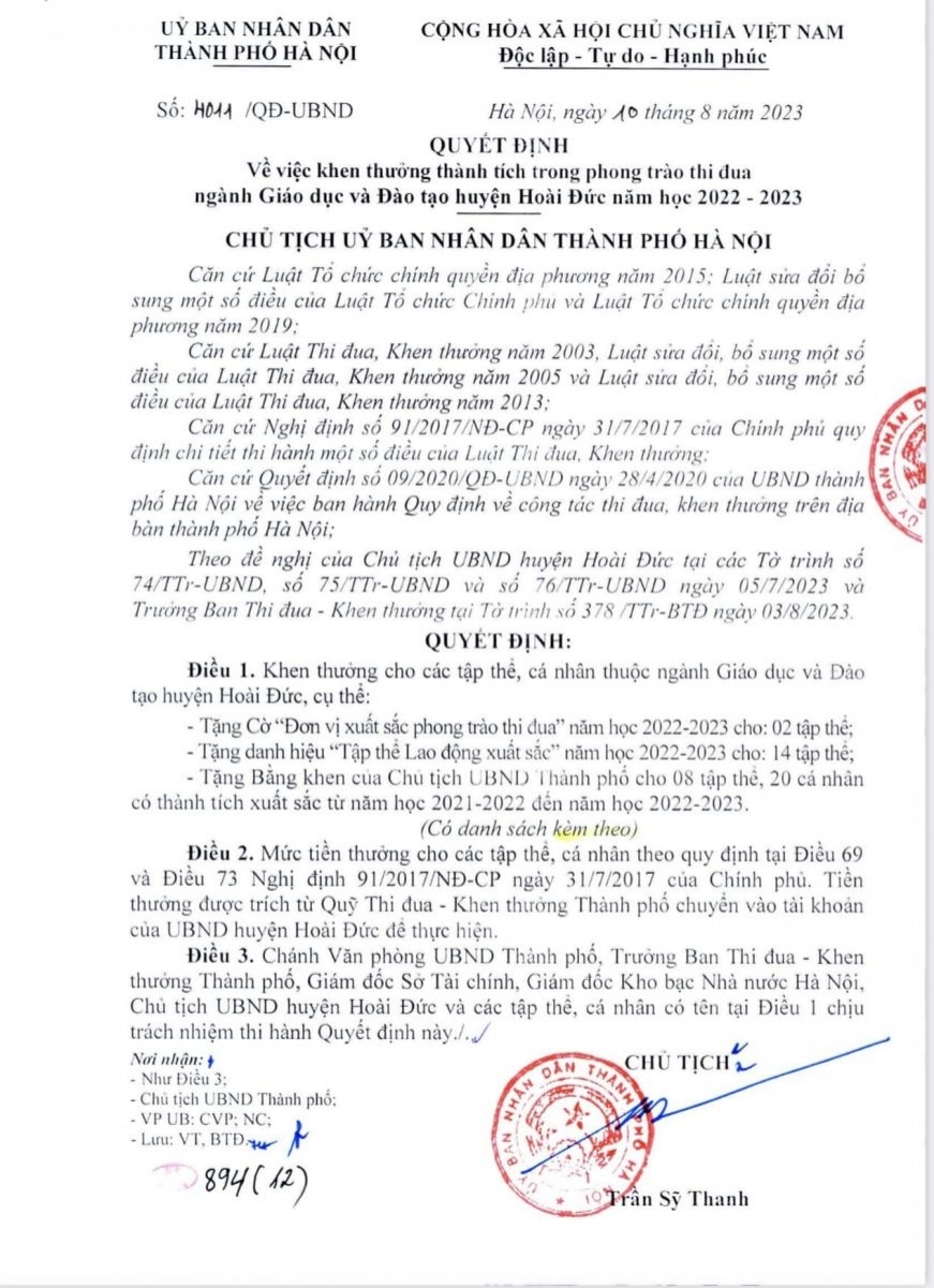 Thành tích trường THCS Vân Canh năm học 2022 - 2023