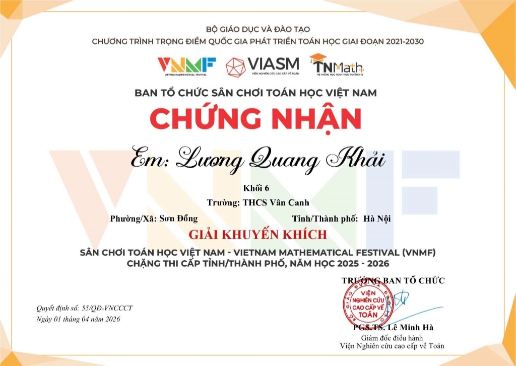 🌟 Chúc mừng học sinh đạt giải sân chơi toán học Việt Nam VNMF 🌟